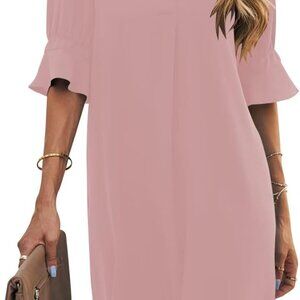 Shift Dress for Women V Neck Short Sleeves Solid Color Casual Flowy Summer Dress